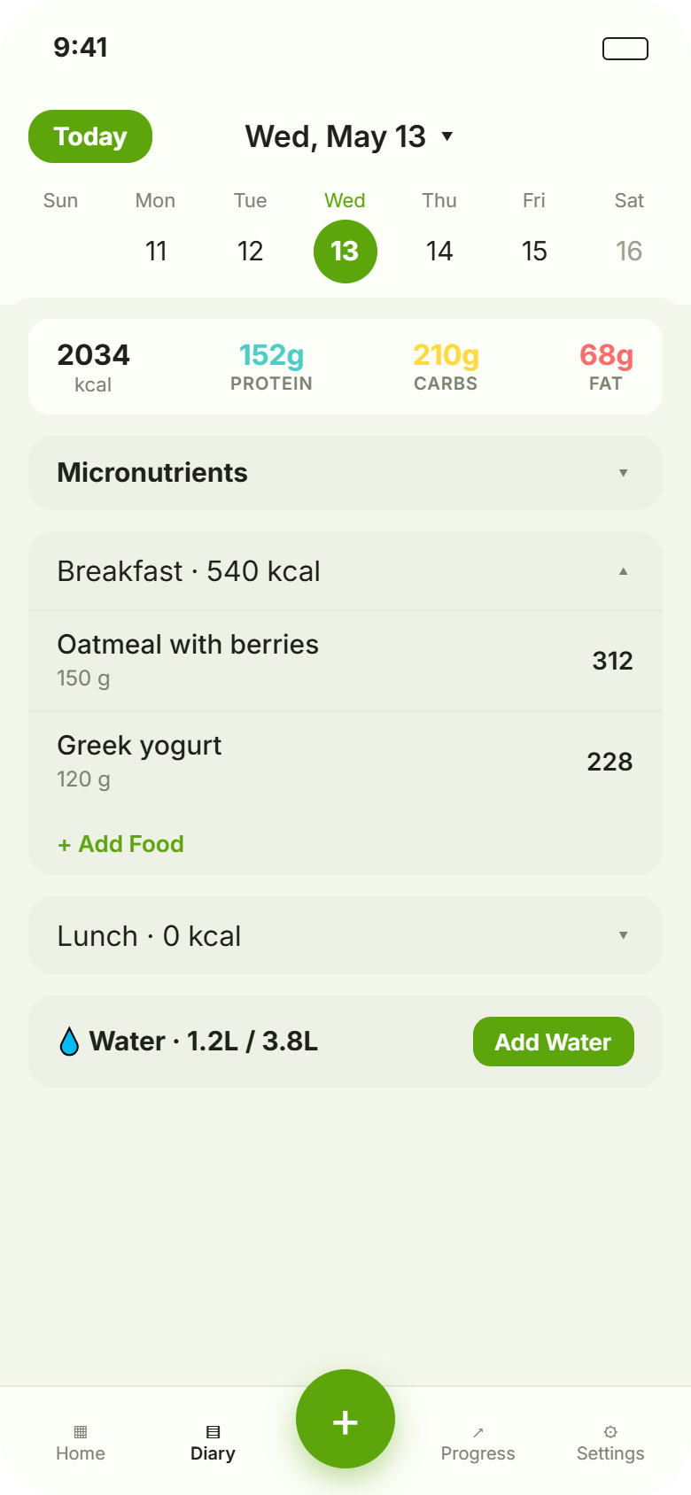 The diary opens on a live day score that grades the day as you log, backed by a real micronutrient panel rather than macros alone. Below it, one time-ordered feed shows food, water and exercise together. We wanted you to read how the day is going in a second, then see everything in a single thread. before
