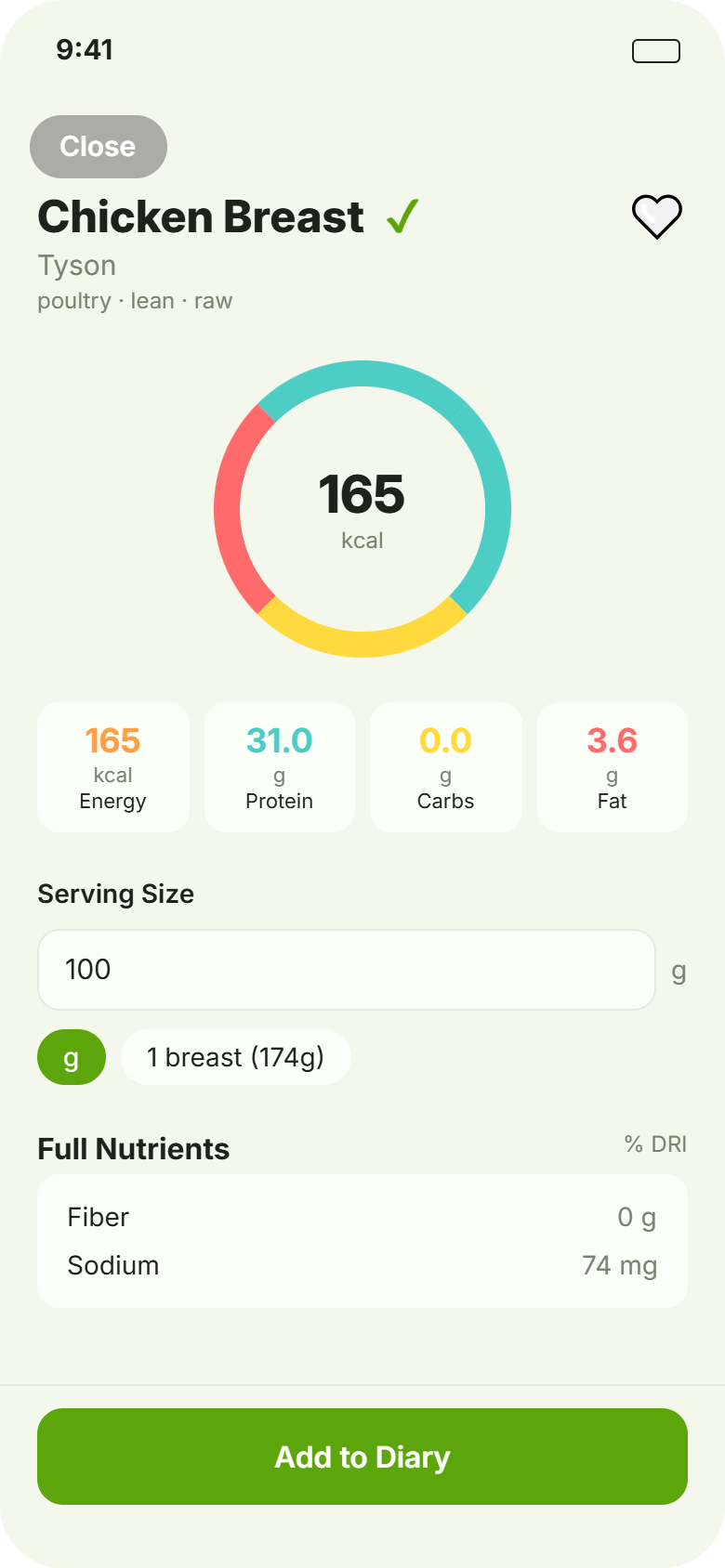 Food detail puts a real photo and the numbers that matter up top, with serving sizes as quick chips and the full micronutrient breakdown below. We wanted it to answer two questions fast: is this good for me, and how much am I having. before