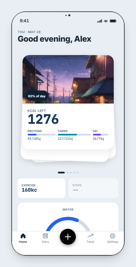 Home is now a deck of swipeable cards over a time-of-day photo. Each card is a different lens on your day: calories and macros, micros, the weight trend, wearables, the next smart move. We wanted the first screen to feel alive and to surface the one thing worth seeing right now, instead of a single static ring. after