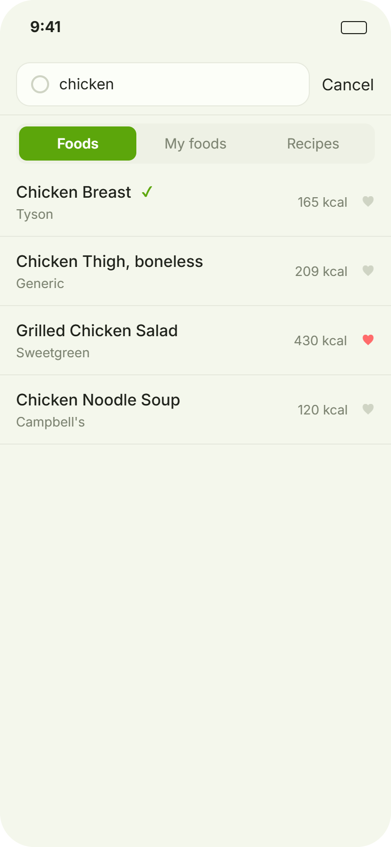 Search leads with food and shows a photo on every result, with foods and recipes split into their own tabs. We wanted you to recognize a food by sight and log it in a couple of taps, the way you actually think about meals. before